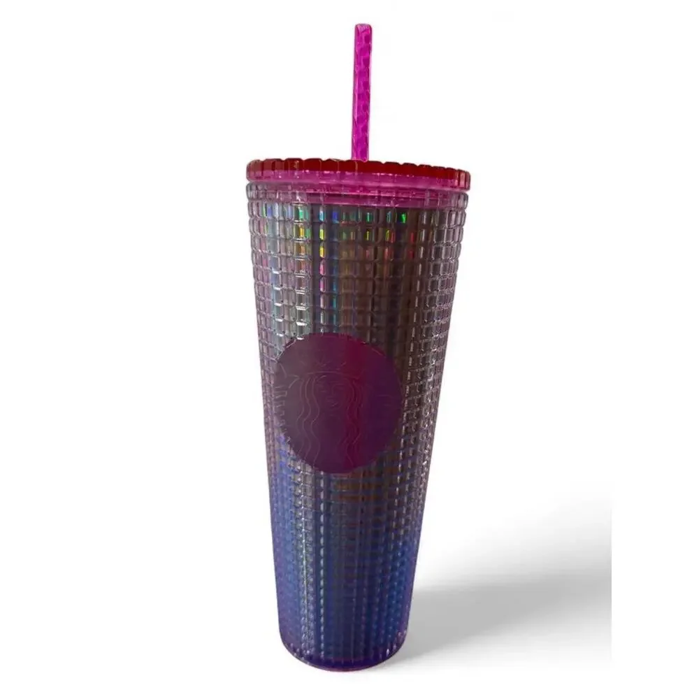 Starbucks 2023 Grid Bubblegum Gradient Pink Silver Iridescent Tumbler Cup 24 oz